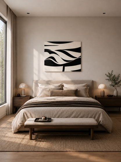 Black and white abstract canvas wall art in a cozy modern bedroom with neutral decor and natural daylight
