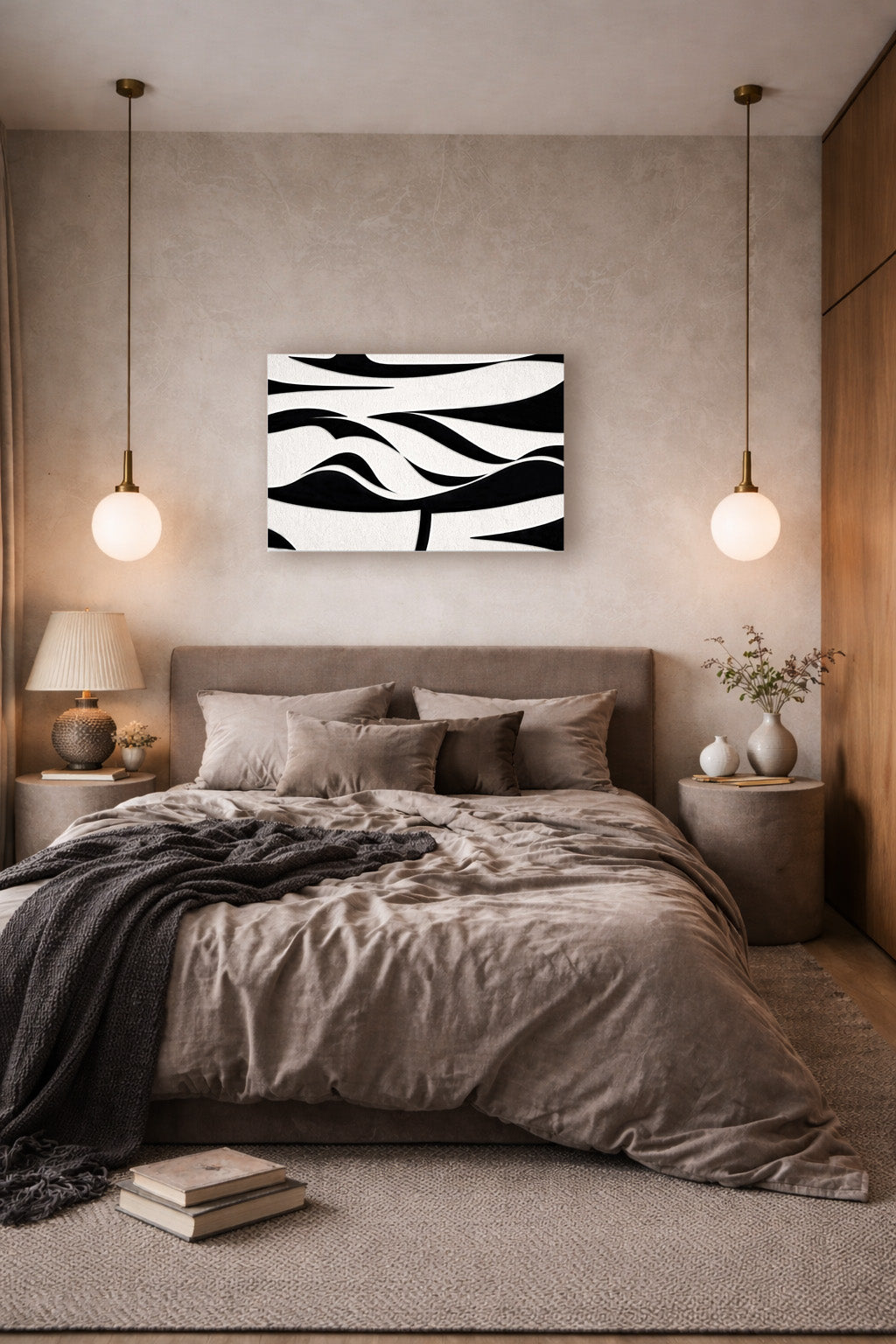 Black and white abstract wall art poster in a cozy modern bedroom with neutral decor and warm lighting