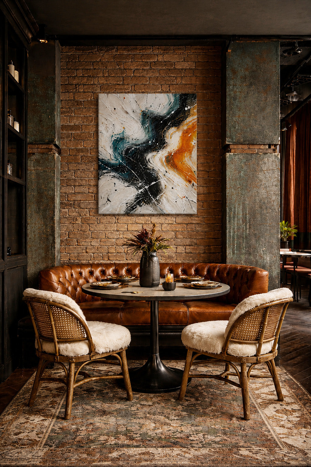 Modern abstract canvas wall art in teal, black and orange tones displayed in a cozy industrial restaurant interior with leather seating and exposed brick wall.
