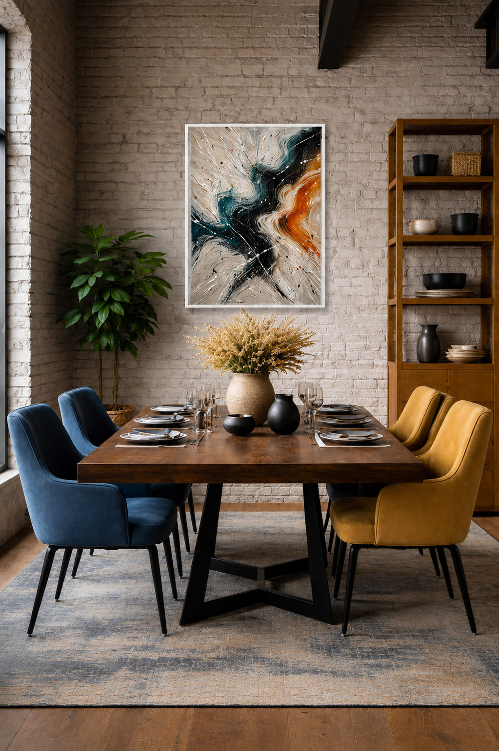 Fluid Motion framed wall art above a dining table in an industrial dining room with blue and mustard chairs