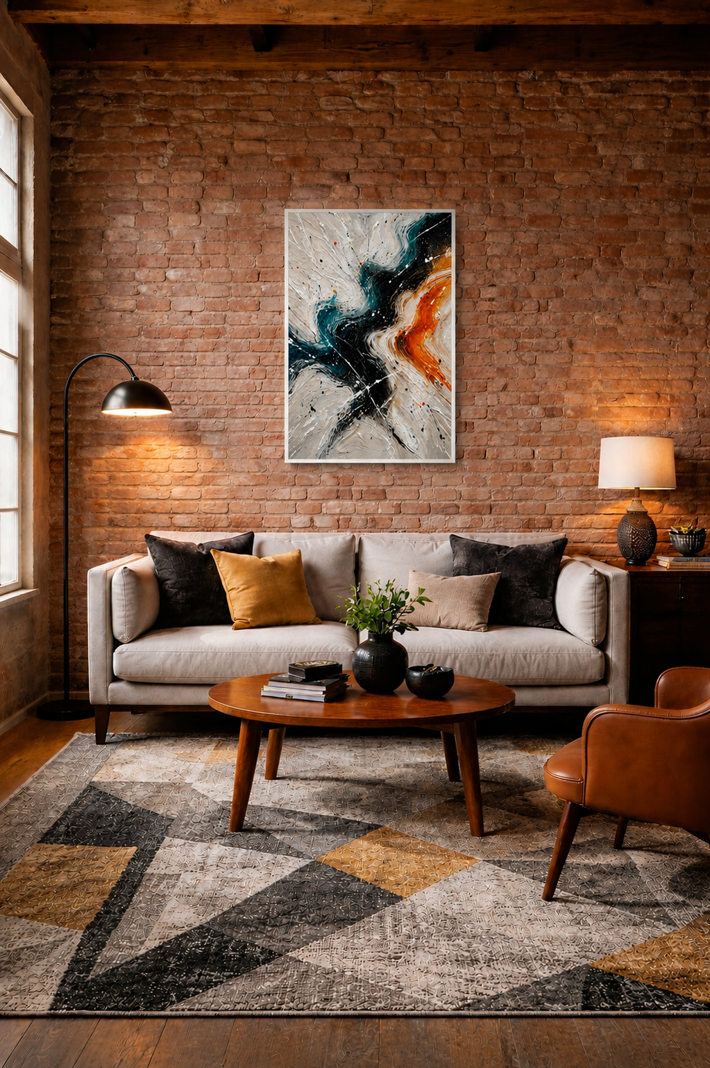 Fluid Motion framed wall art in an industrial living room with an exposed brick wall and modern furniture