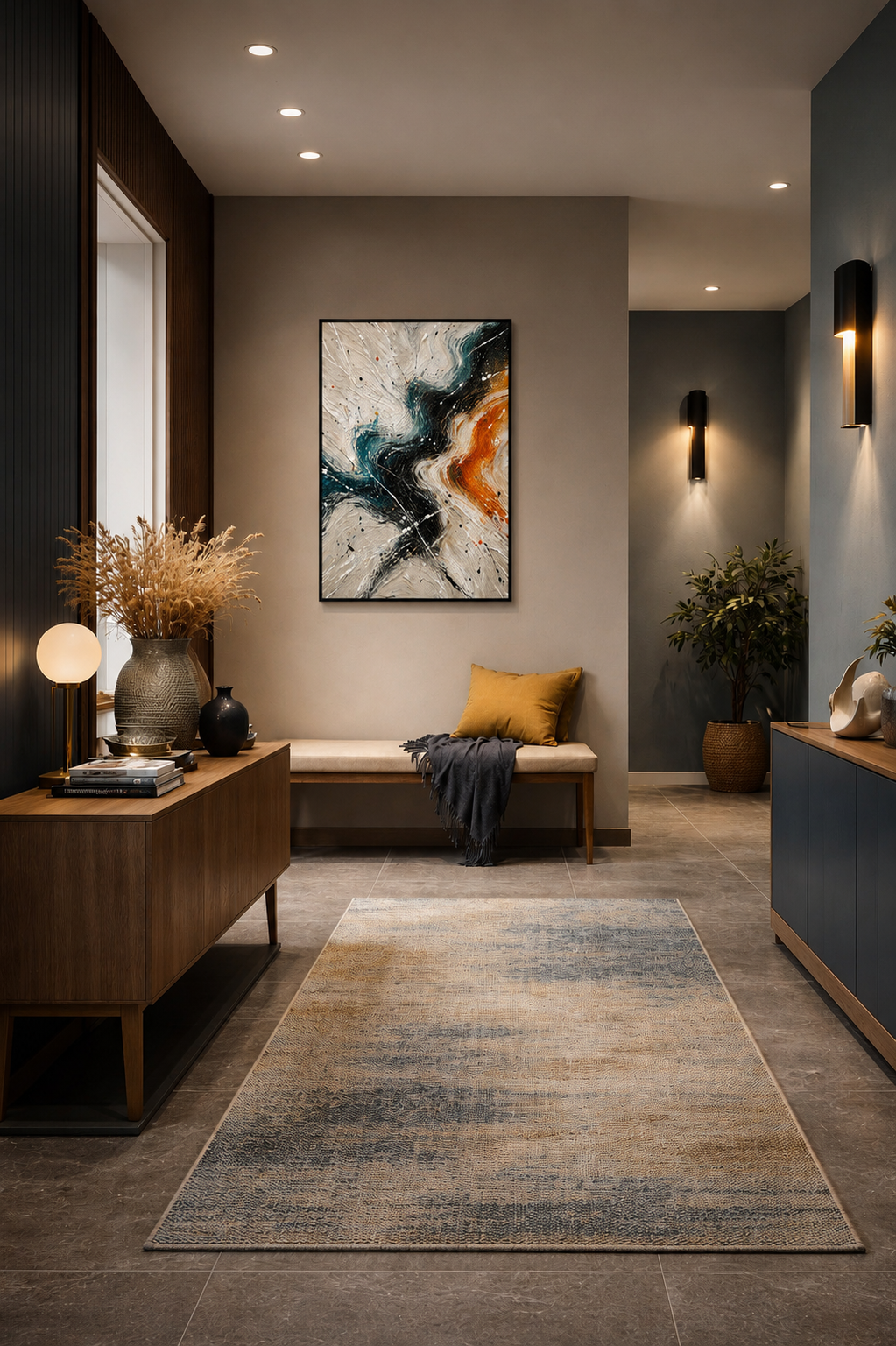 Fluid Motion framed wall art in a modern hallway with neutral decor and ambient lighting