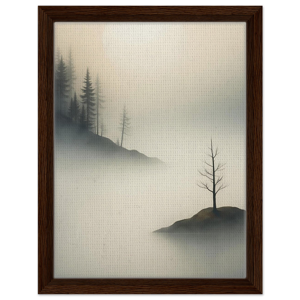 Foggy forest artwork with lone tree and soft water reflections in dark wood frame