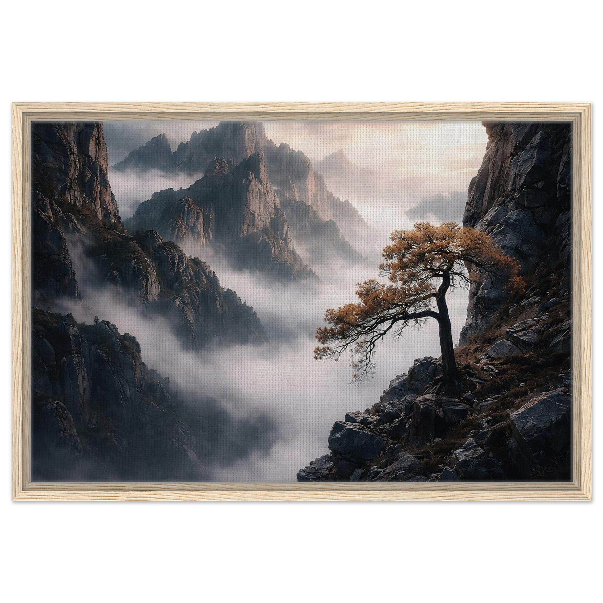 Foggy mountain landscape with pine tree on a rocky cliff in a natural wood frame