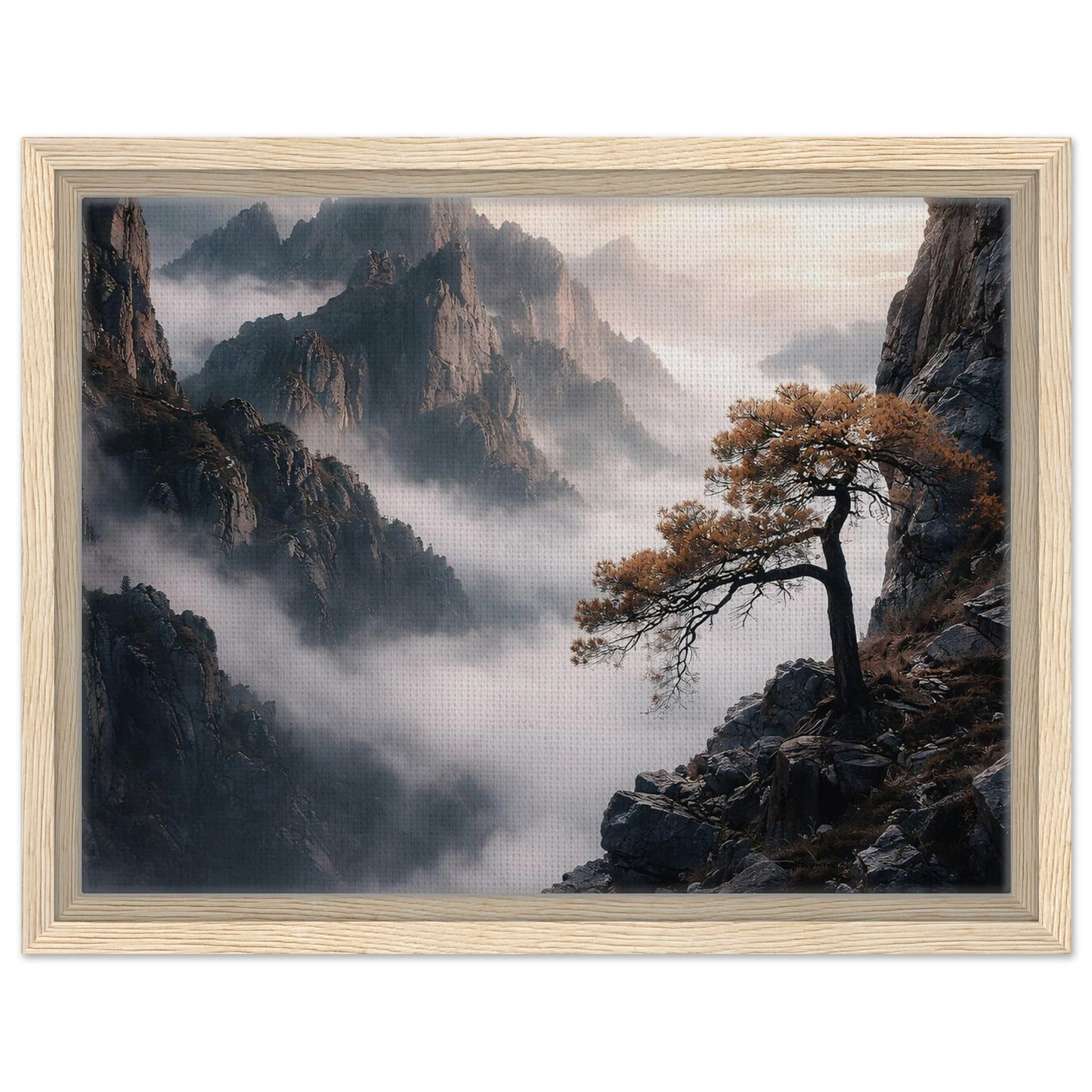 Foggy mountain scenery with lone pine tree in a natural wood frame