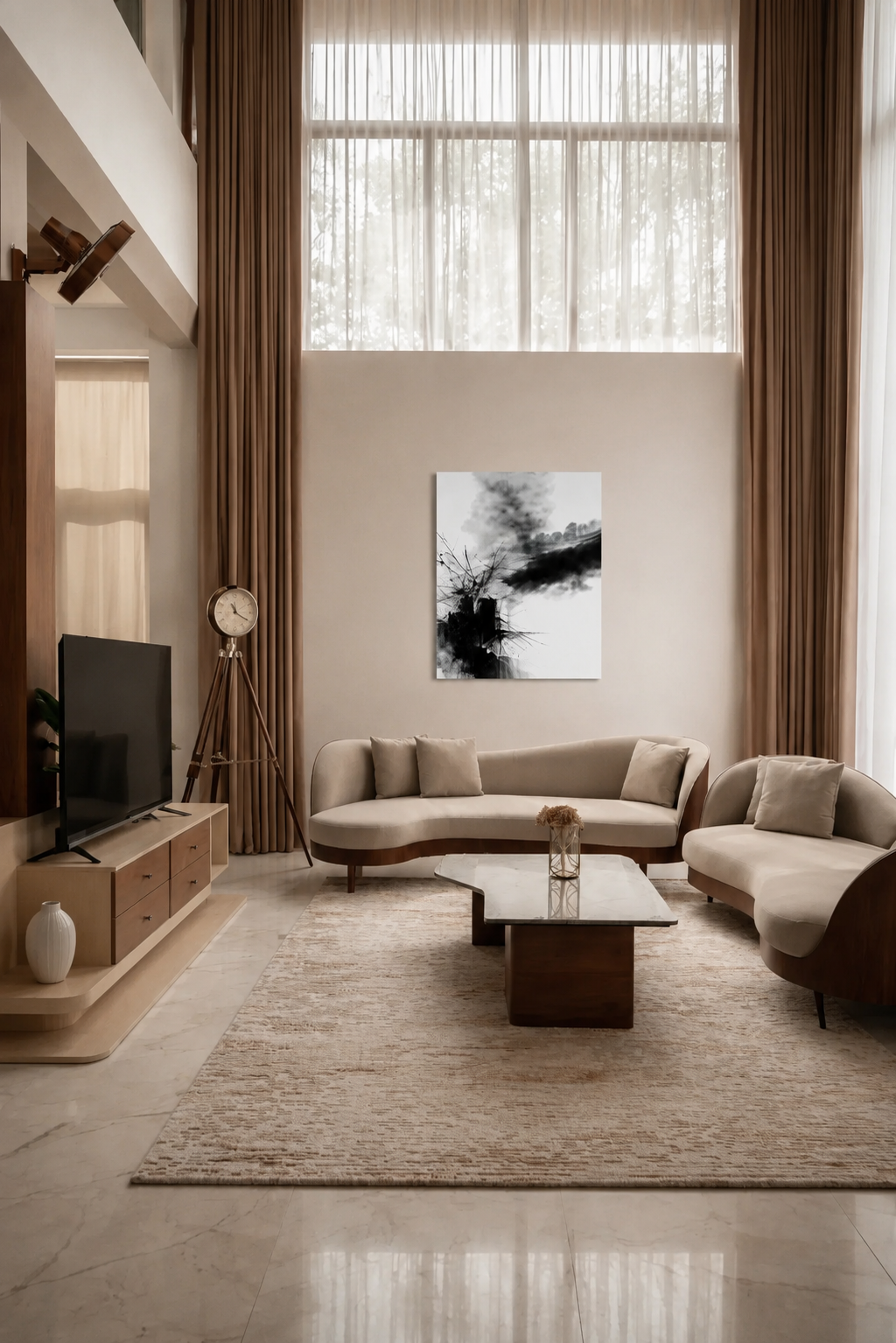 Bright beige living room featuring a black and white abstract canvas print above a cream sofa with round coffee table and modern chandelier.