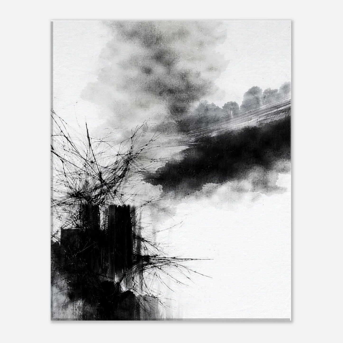 Dense black ink core with fine splintered lines radiating outward across bare white space