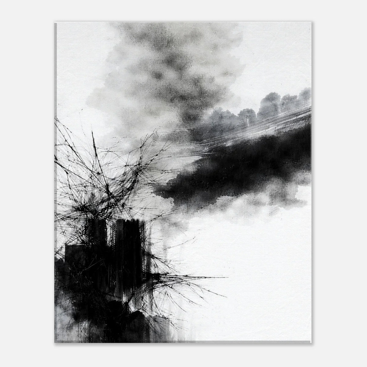 Dense black ink core with fine splintered lines radiating outward across bare white space
