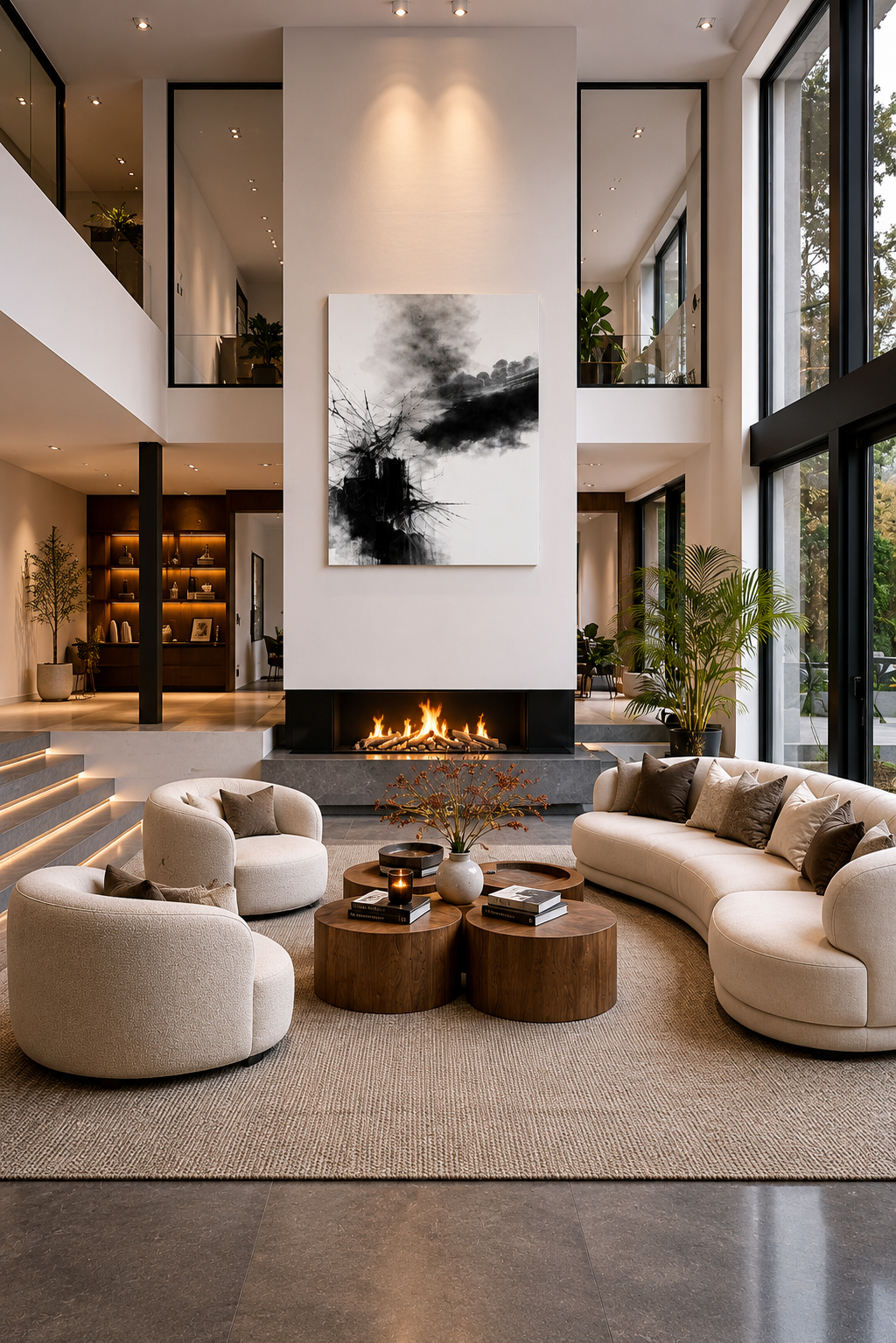 Large luxury living room with a black and white abstract canvas above the fireplace in a bright double-height interior with curved cream sofas and wooden coffee tables.