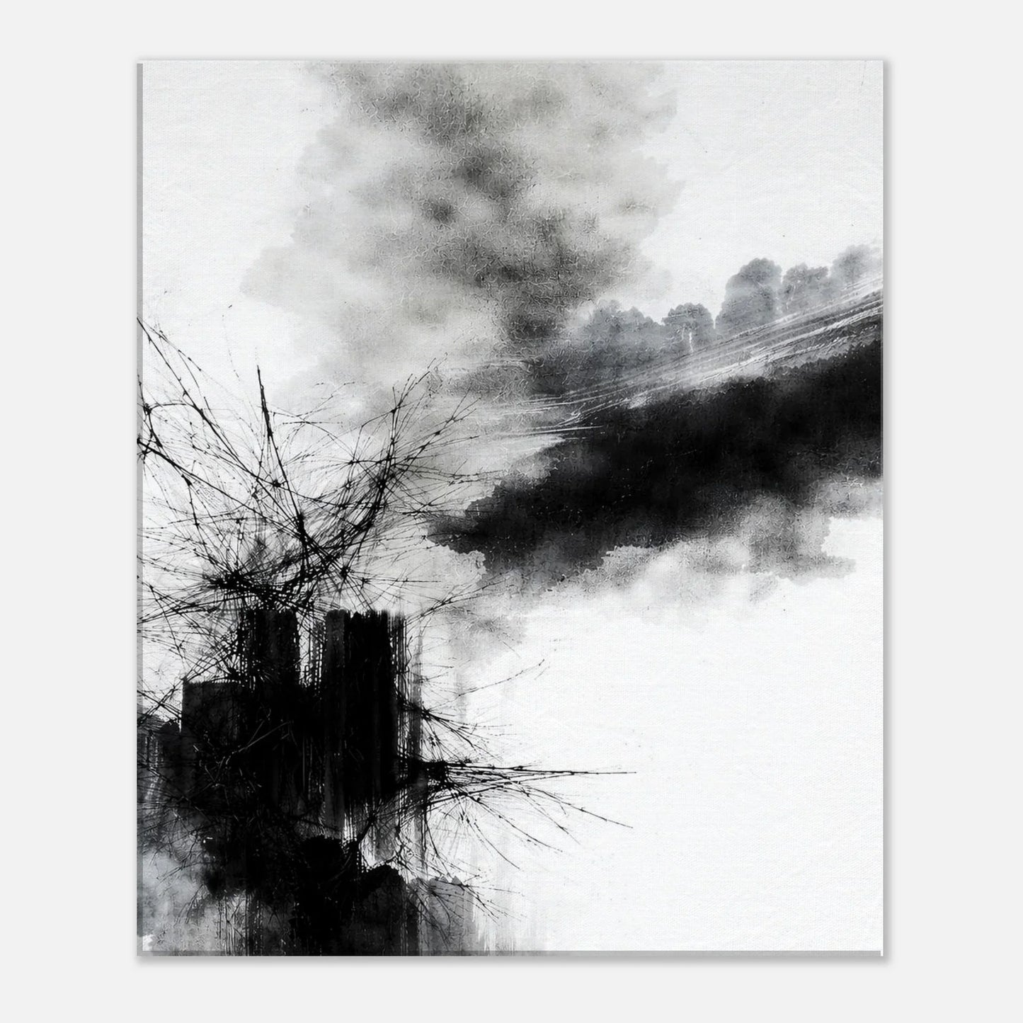 Smoky gray drift crossing the upper composition above the dark ink mass