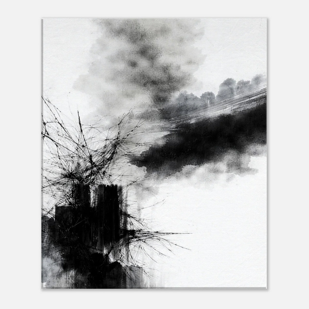 Smoky gray drift crossing the upper composition above the dark ink mass