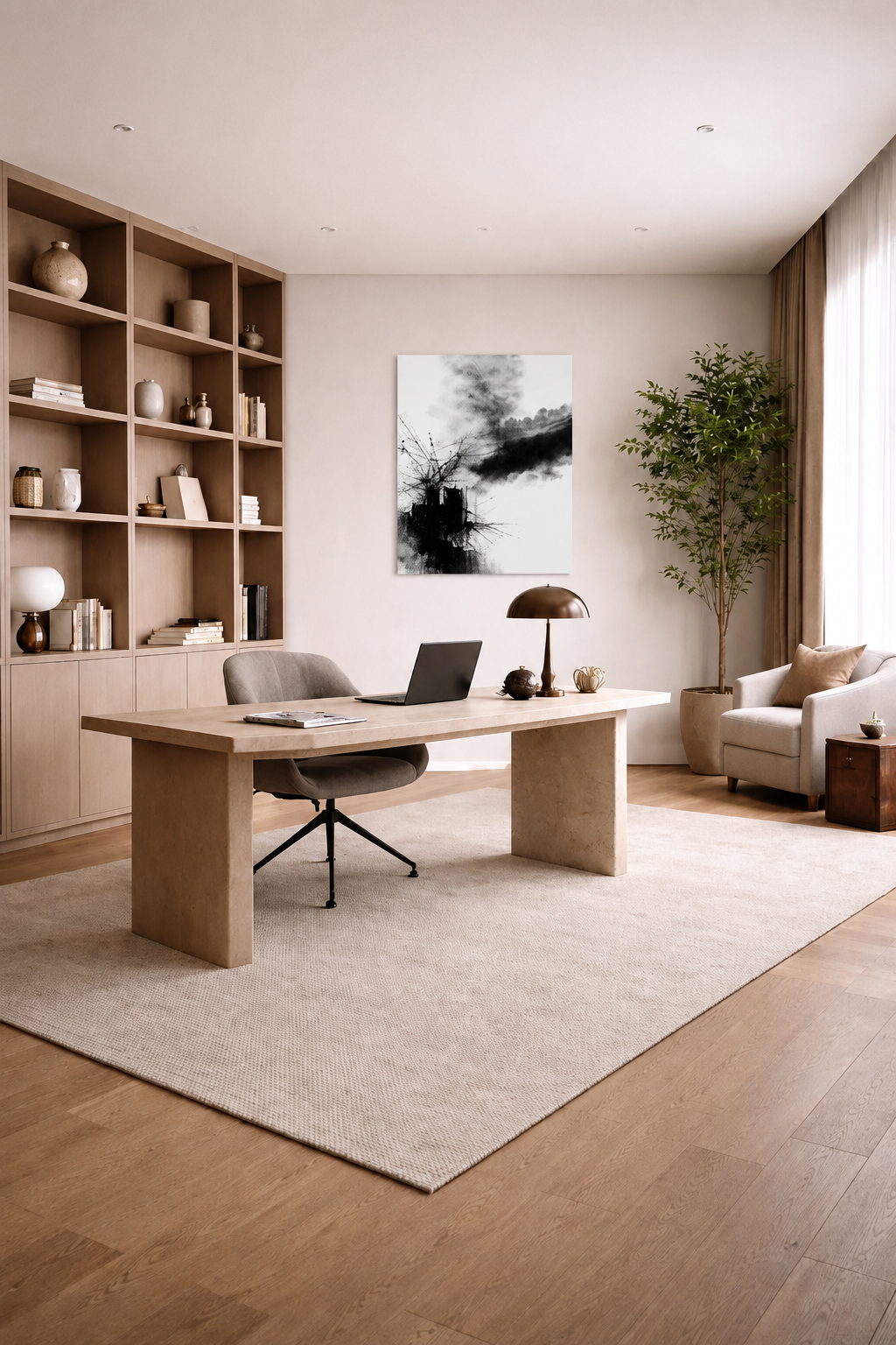 Minimalist home office with light wood shelving, a stone desk, and a monochrome abstract canvas wall art print in neutral tones.