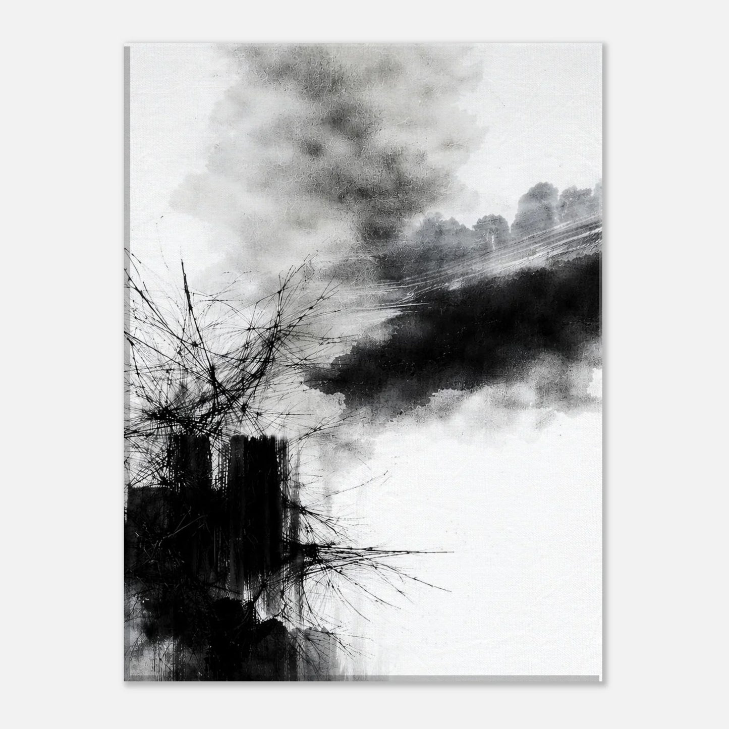 Close view of the ink texture where soft gray mist fades into the white canvas surface