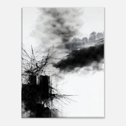 Close view of the ink texture where soft gray mist fades into the white canvas surface