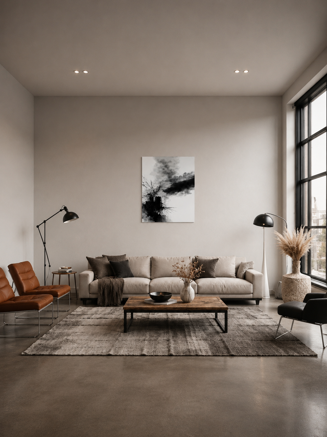 Modern living room with a brown leather armchair and gray sofa beneath the monochrome abstract canvas on a white wall