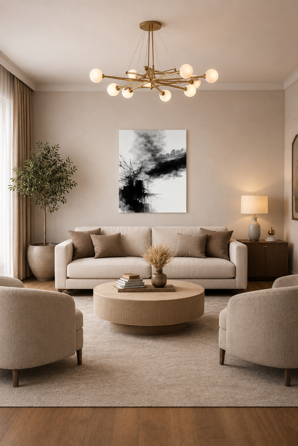 Contemporary loft living room with high ceilings, leather accent chairs, and black and white abstract canvas wall art above a neutral sofa.