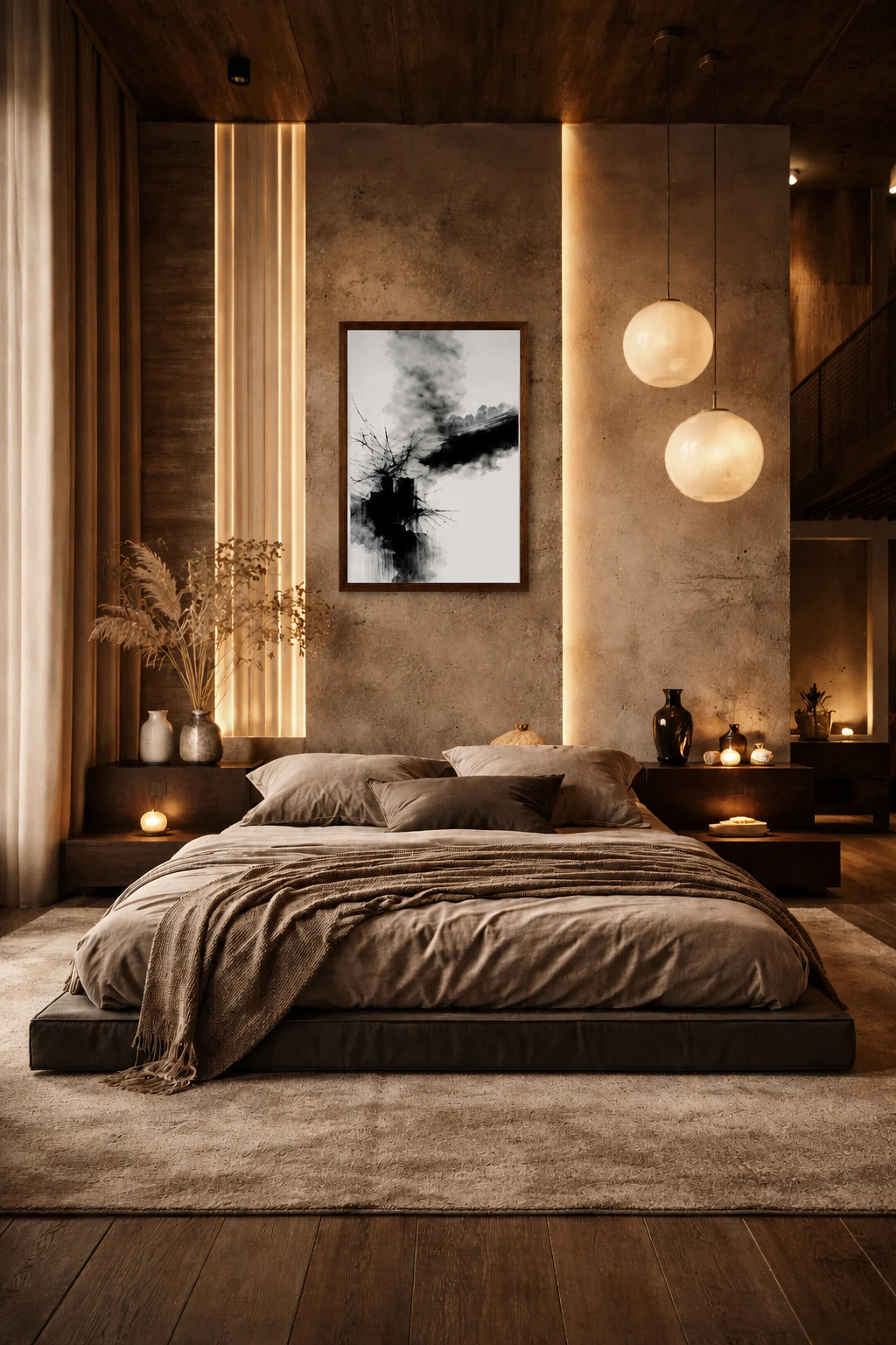 Black and white abstract artwork in a realistic dark brown wooden frame above a cozy contemporary bedroom with warm ambient lighting.