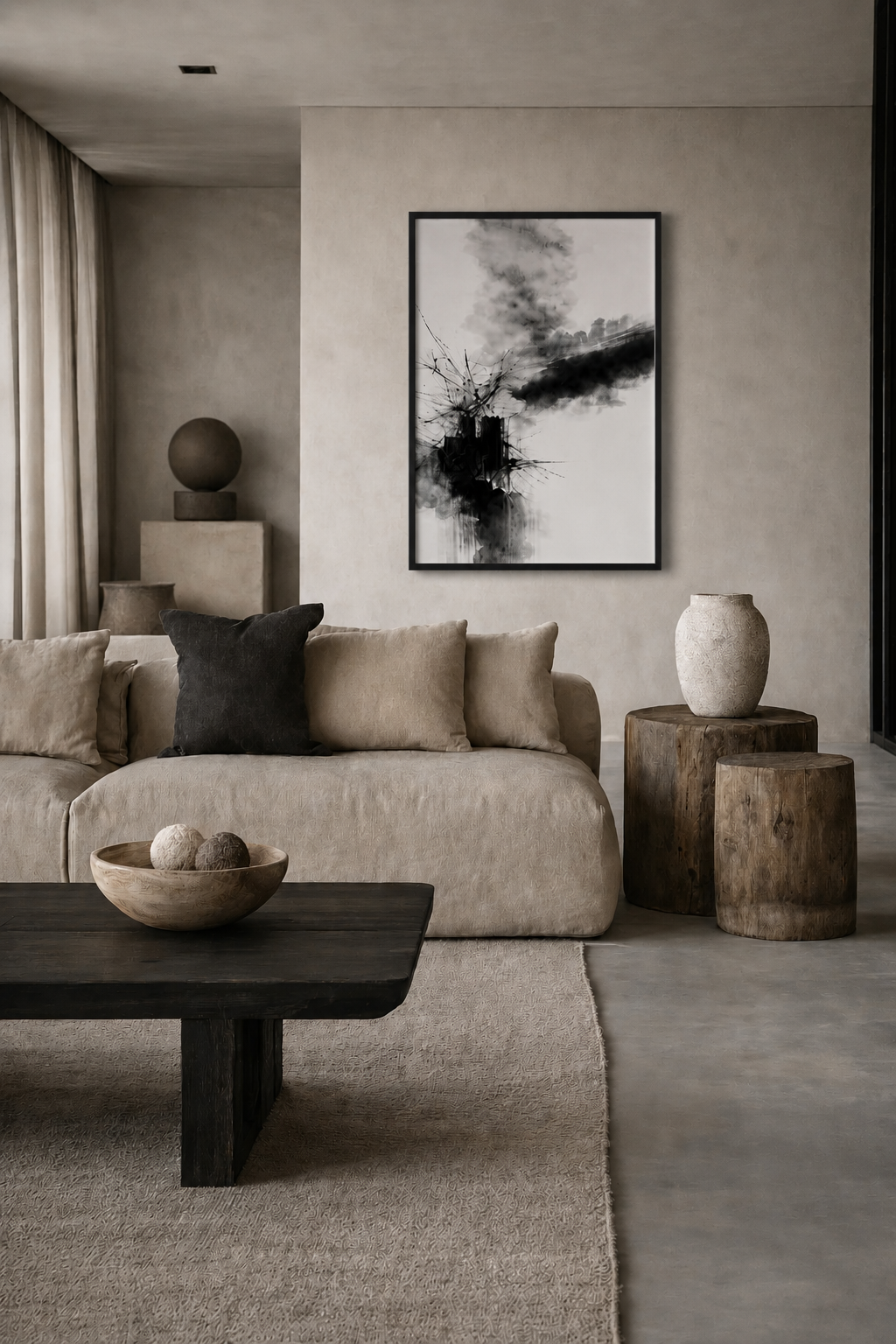 Black and white abstract wall art with a realistic black wooden frame displayed in a warm minimalist living room with beige sofa and natural wood accents.