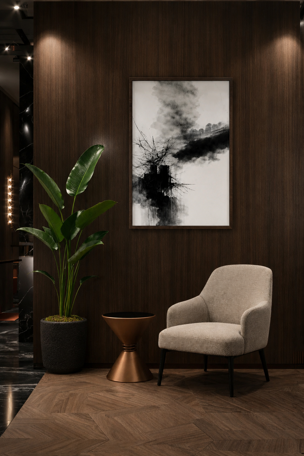 Modern black and white abstract poster in a realistic dark wooden frame styled above a lounge chair against rich dark wood paneling.