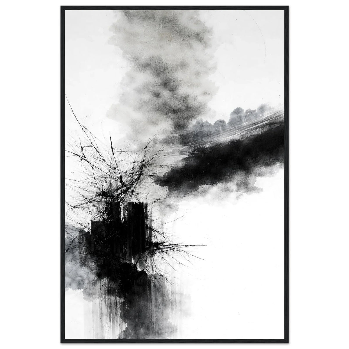 Fractured Stillness monochrome abstract framed wall art in a black wooden frame, black ink bursting across a white background