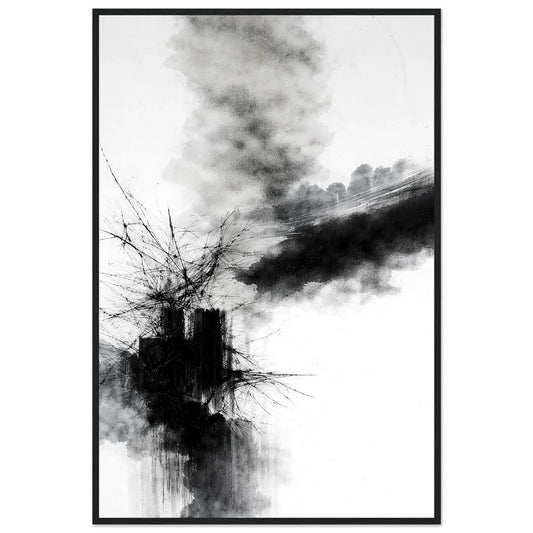 Fractured Stillness monochrome abstract framed wall art in a black wooden frame, black ink bursting across a white background