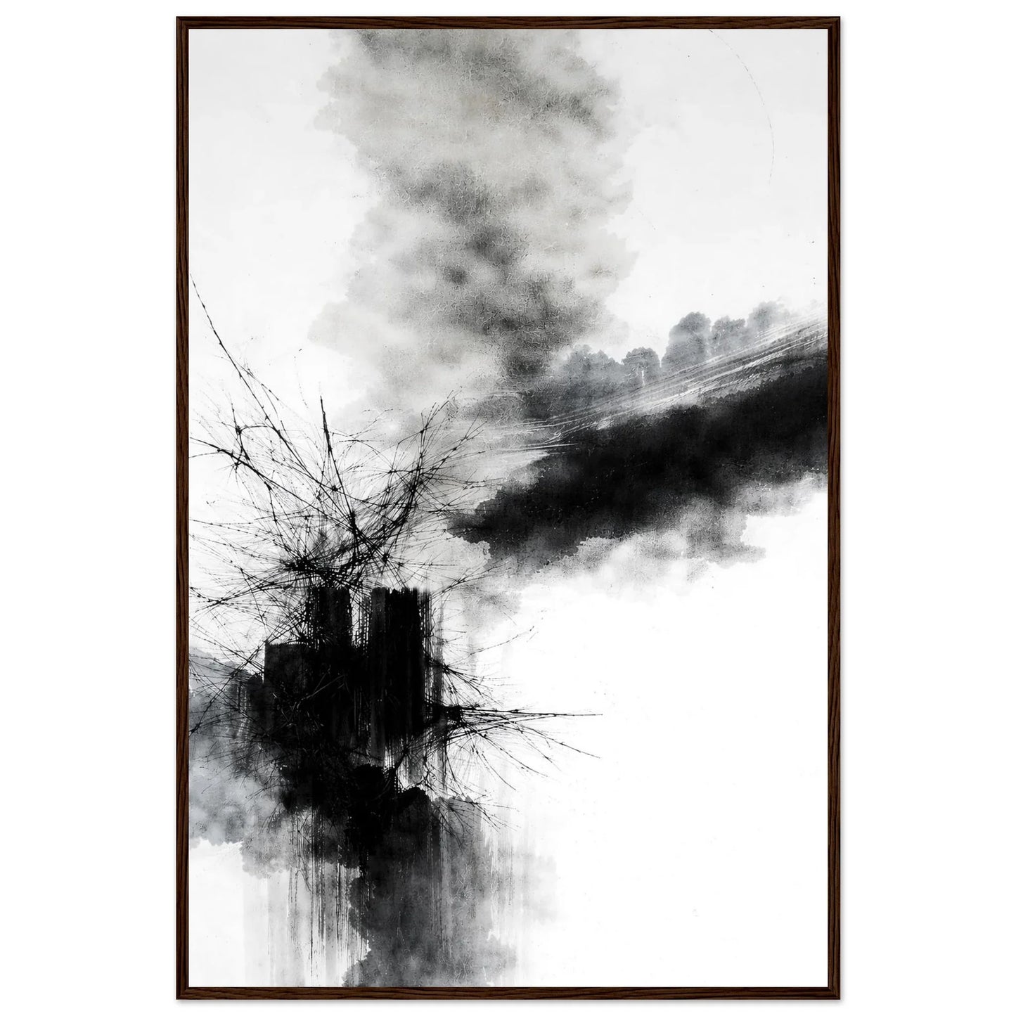The monochrome abstract print in a dark brown wooden frame