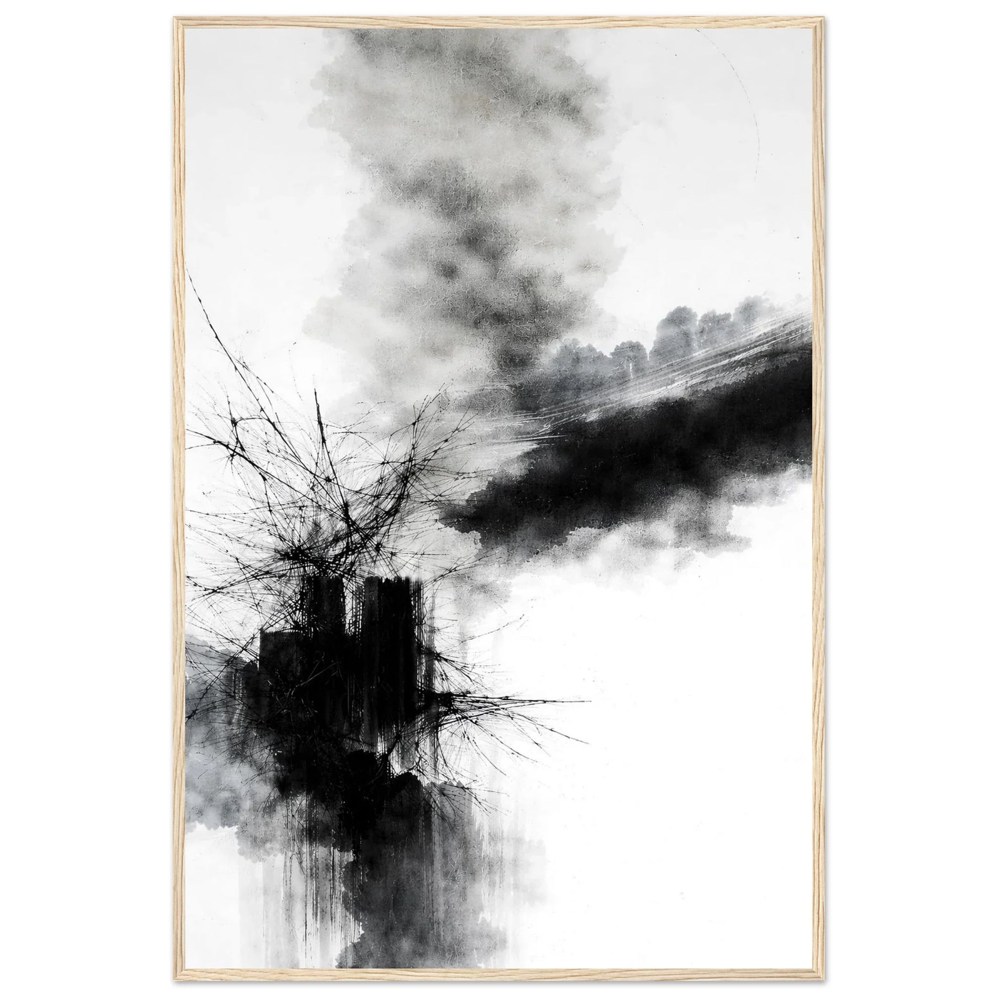 The monochrome abstract print in a natural light wood frame