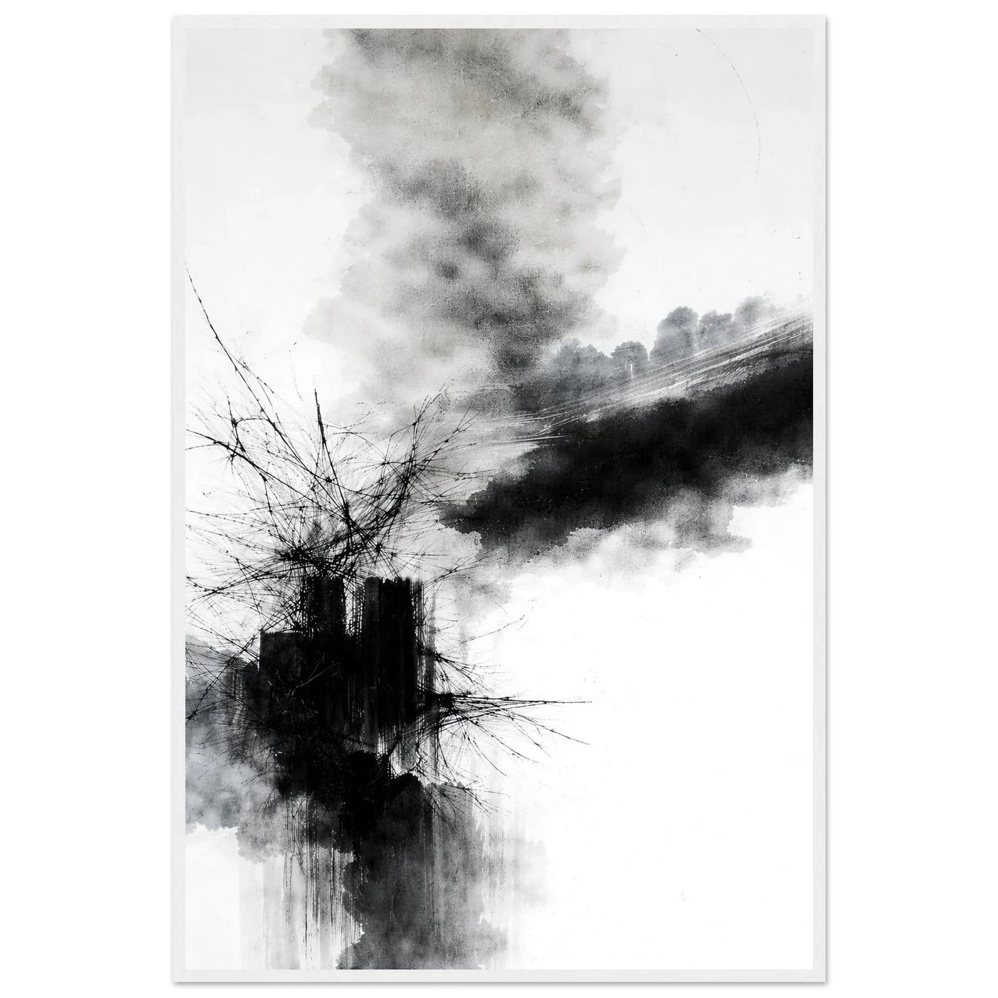 The monochrome abstract print in a white wooden frame