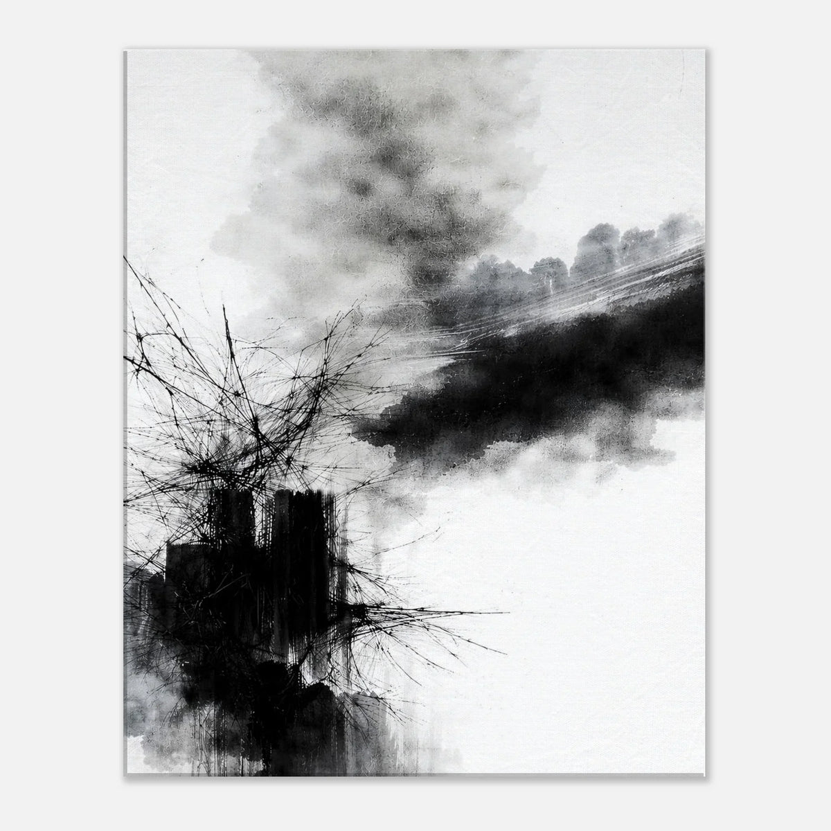 Fractured Stillness monochrome abstract canvas wall art with black ink bursting across a white background
