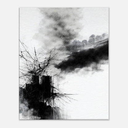 Fractured Stillness monochrome abstract canvas wall art with black ink bursting across a white background