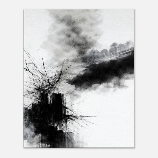 Fractured Stillness monochrome abstract canvas wall art with black ink bursting across a white background