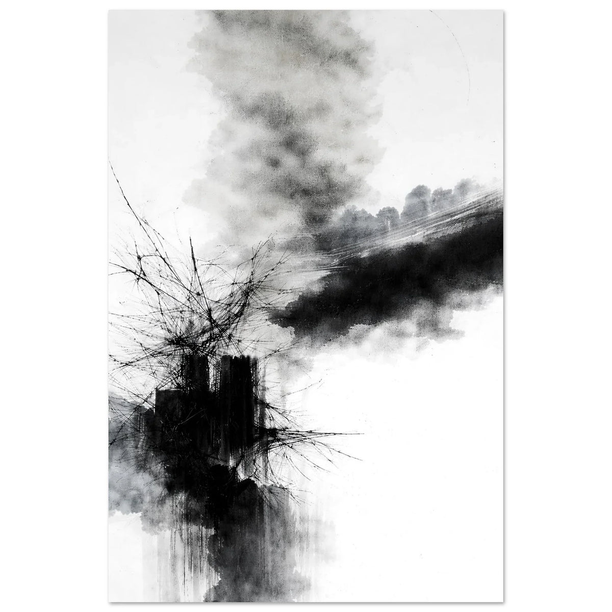 Fractured Stillness monochrome abstract wall art poster with black ink bursting across a white background