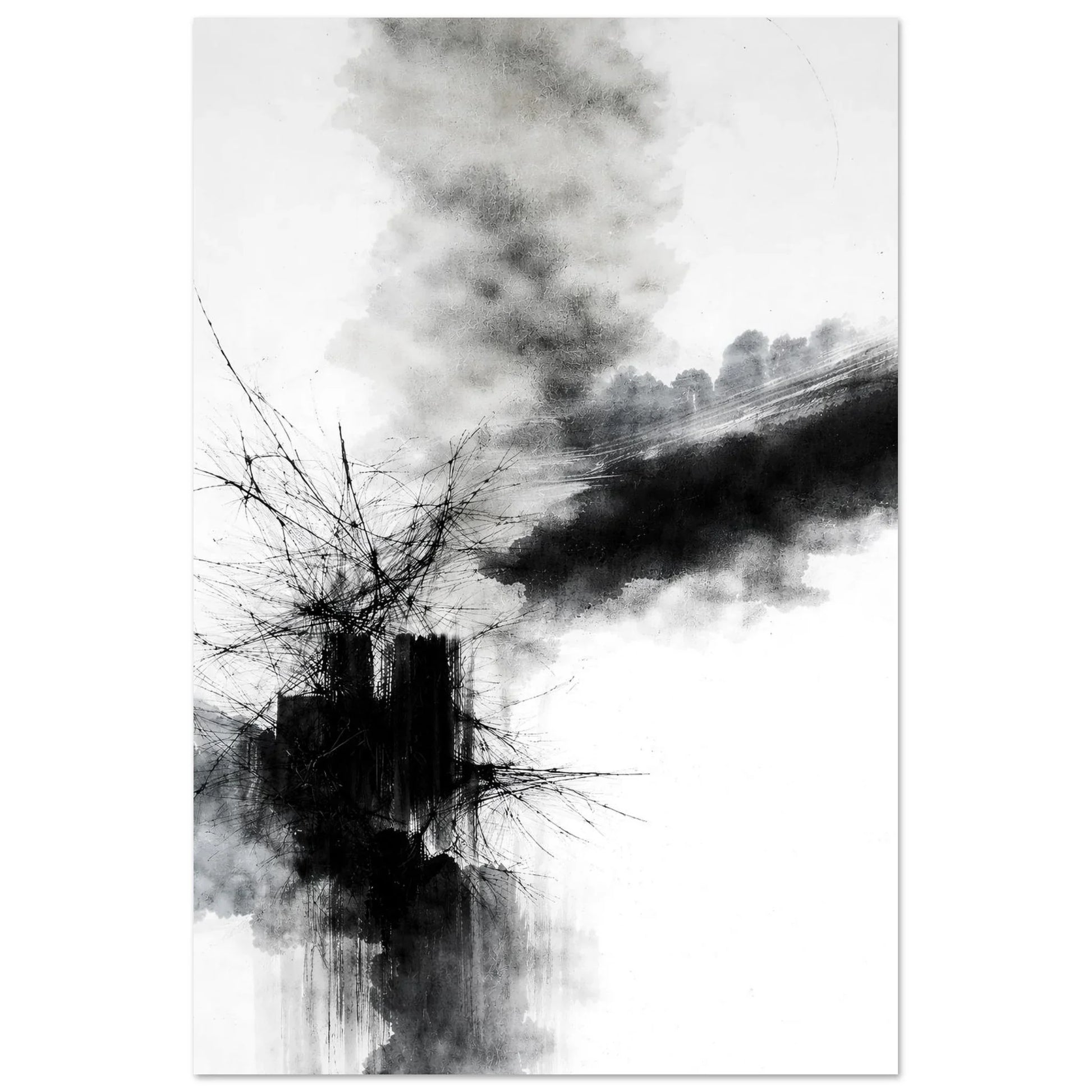Fractured Stillness monochrome abstract wall art poster with black ink bursting across a white background