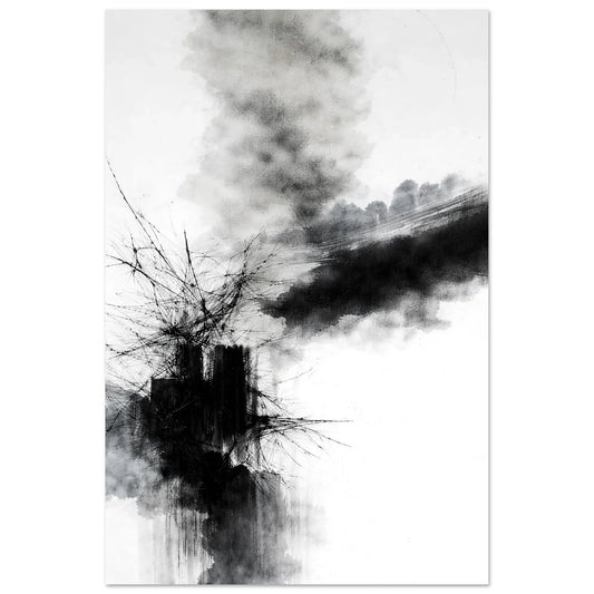 Fractured Stillness monochrome abstract wall art poster with black ink bursting across a white background