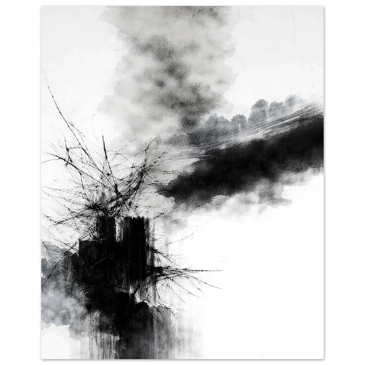 Dense black ink core with splintered lines spreading into the open white field