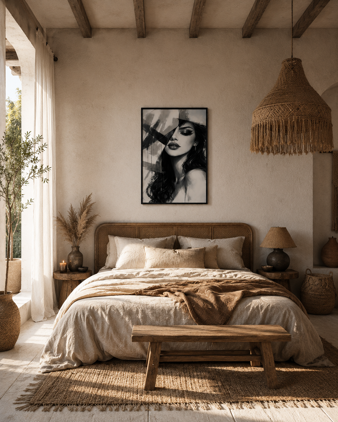 Black and white portrait poster with a black wooden frame displayed in a warm boho bedroom with natural textures and neutral decor.