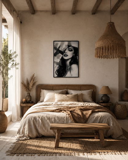 Black and white portrait poster with a black wooden frame displayed in a warm boho bedroom with natural textures and neutral decor.