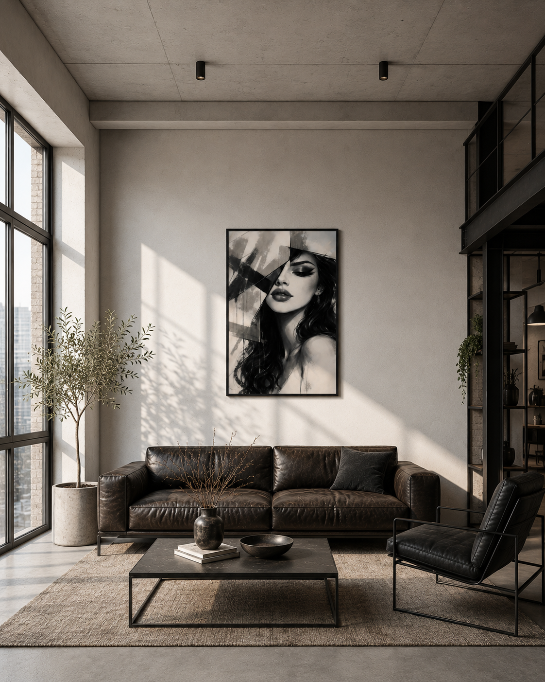 Modern black and white woman portrait poster in a black frame above a leather sofa in an industrial loft living room.