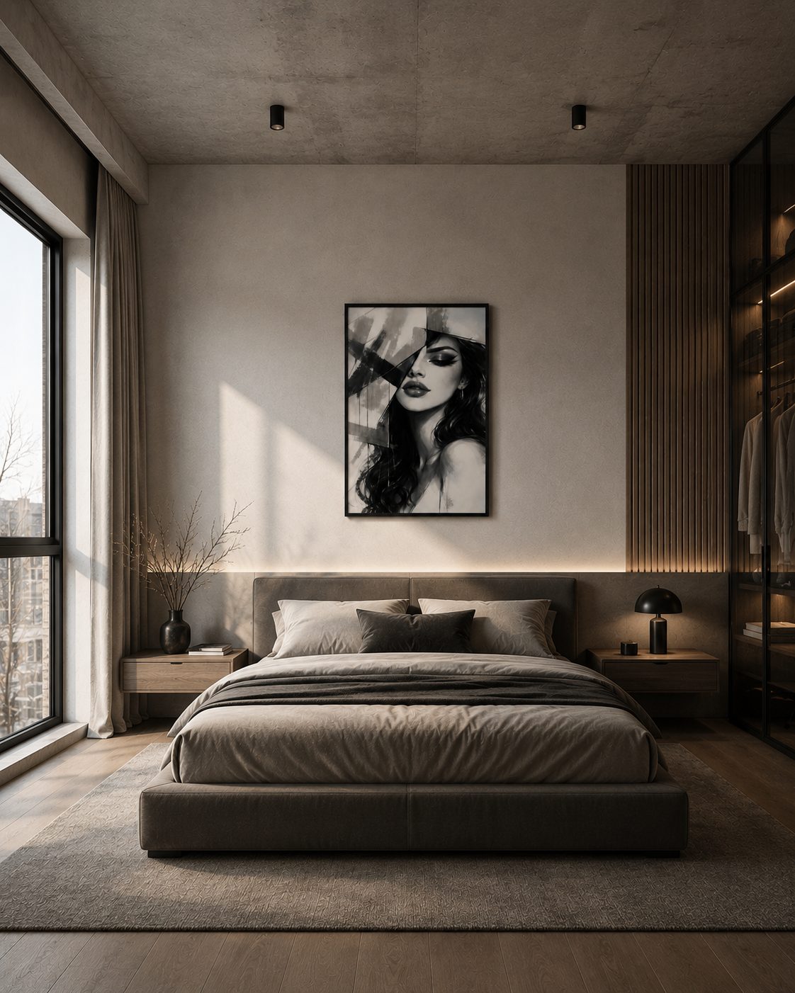 Framed black and white portrait poster above a bed in a contemporary minimalist bedroom with soft daylight.