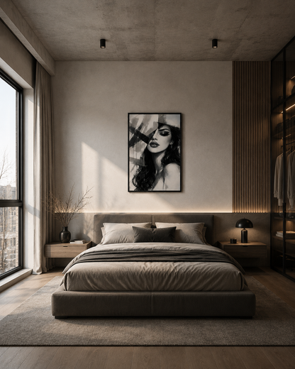 Framed black and white portrait poster above a bed in a contemporary minimalist bedroom with soft daylight.