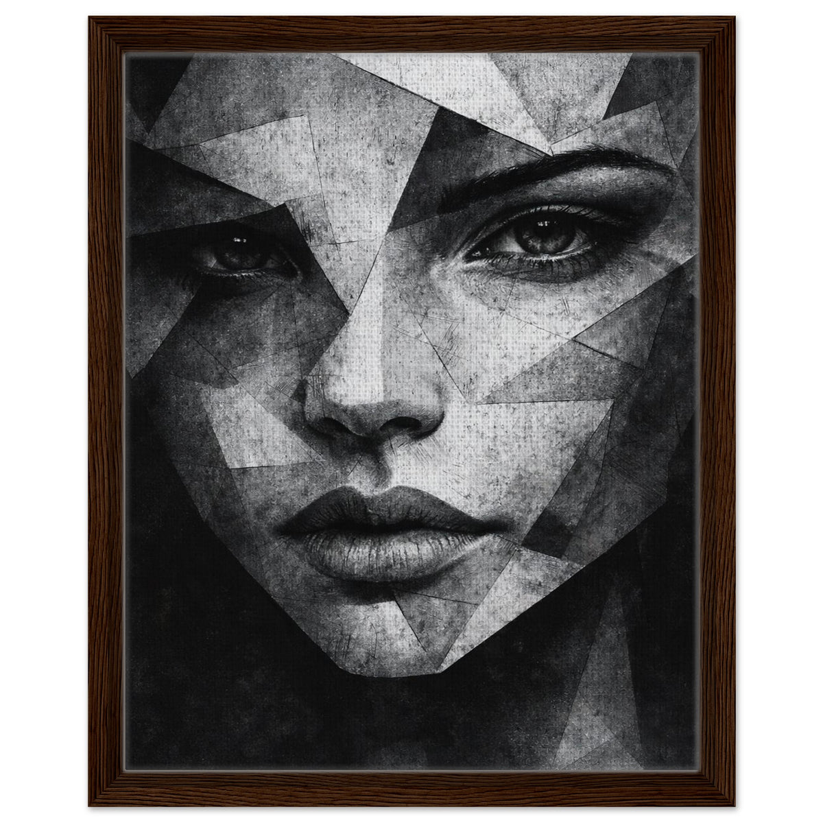 Fragmented female face artwork in black and white with dark wood frame