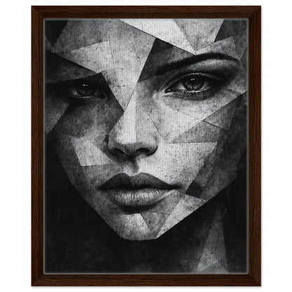 Fragmented female face artwork in black and white with dark wood frame