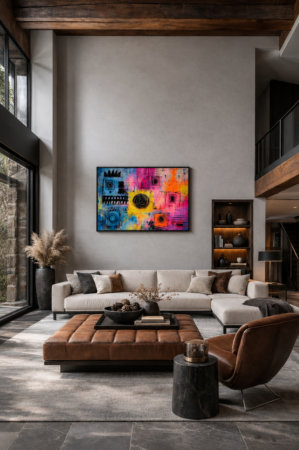 Colorful abstract wall art with a black frame displayed in a modern double-height loft living room featuring a white sectional sofa, leather ottoman, and neutral decor.