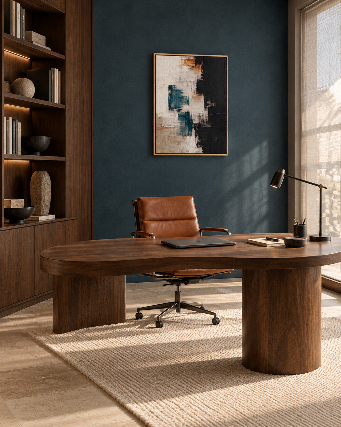Framed teal, black and beige abstract canvas on a dark teal wall behind a wooden desk and brown office chair.