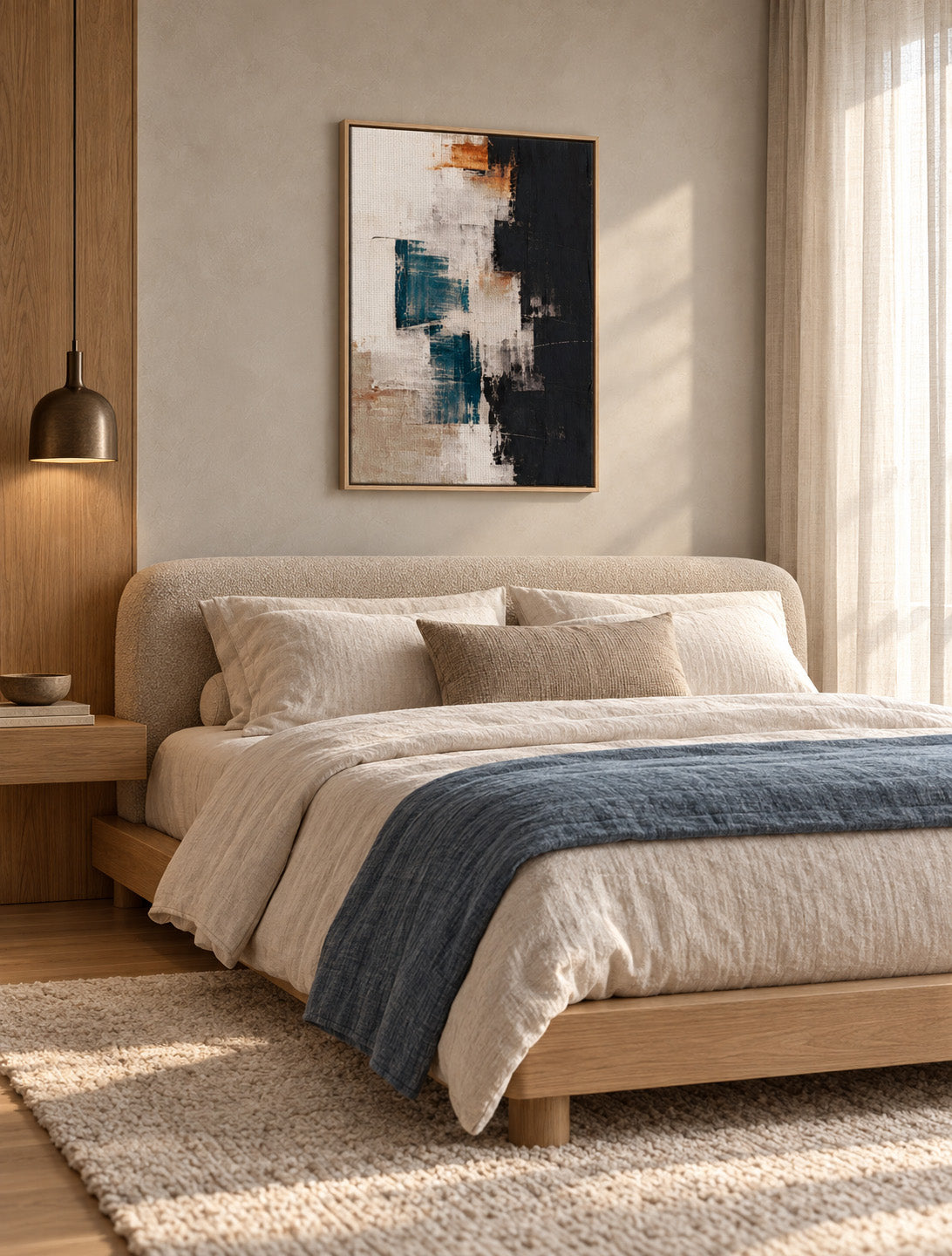 Framed abstract canvas with teal and black accents above a bed with cream bedding and a blue-gray throw.