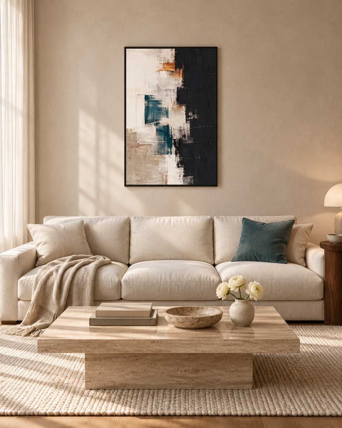 Black-framed teal and cream abstract poster above a cream sofa with a teal cushion in a sunlit living room.