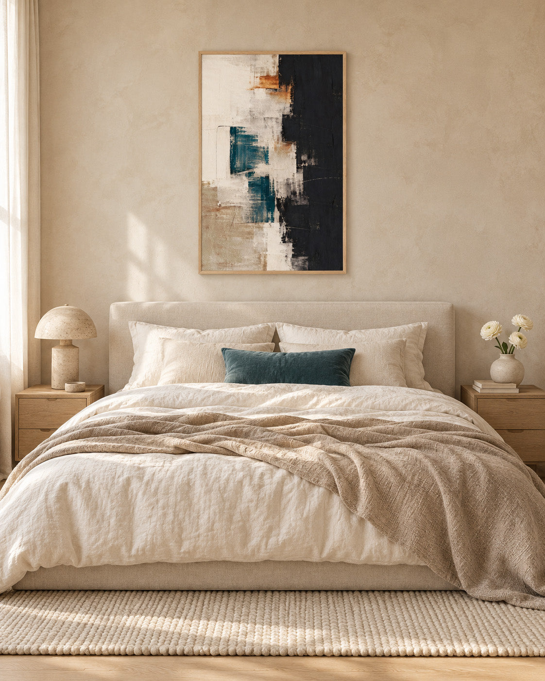 Framed teal, black and beige abstract poster above a bed with cream bedding and a teal cushion in a softly lit bedroom.