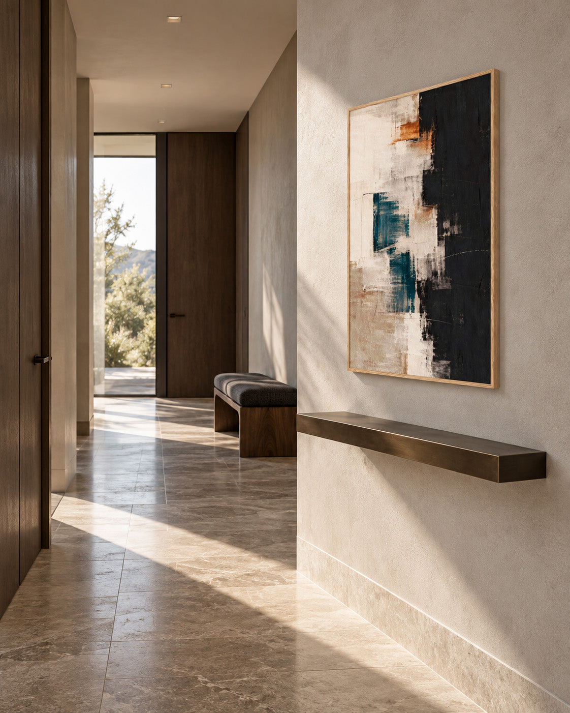 Framed teal, black and cream abstract poster above a narrow floating shelf in a sunlit beige hallway.