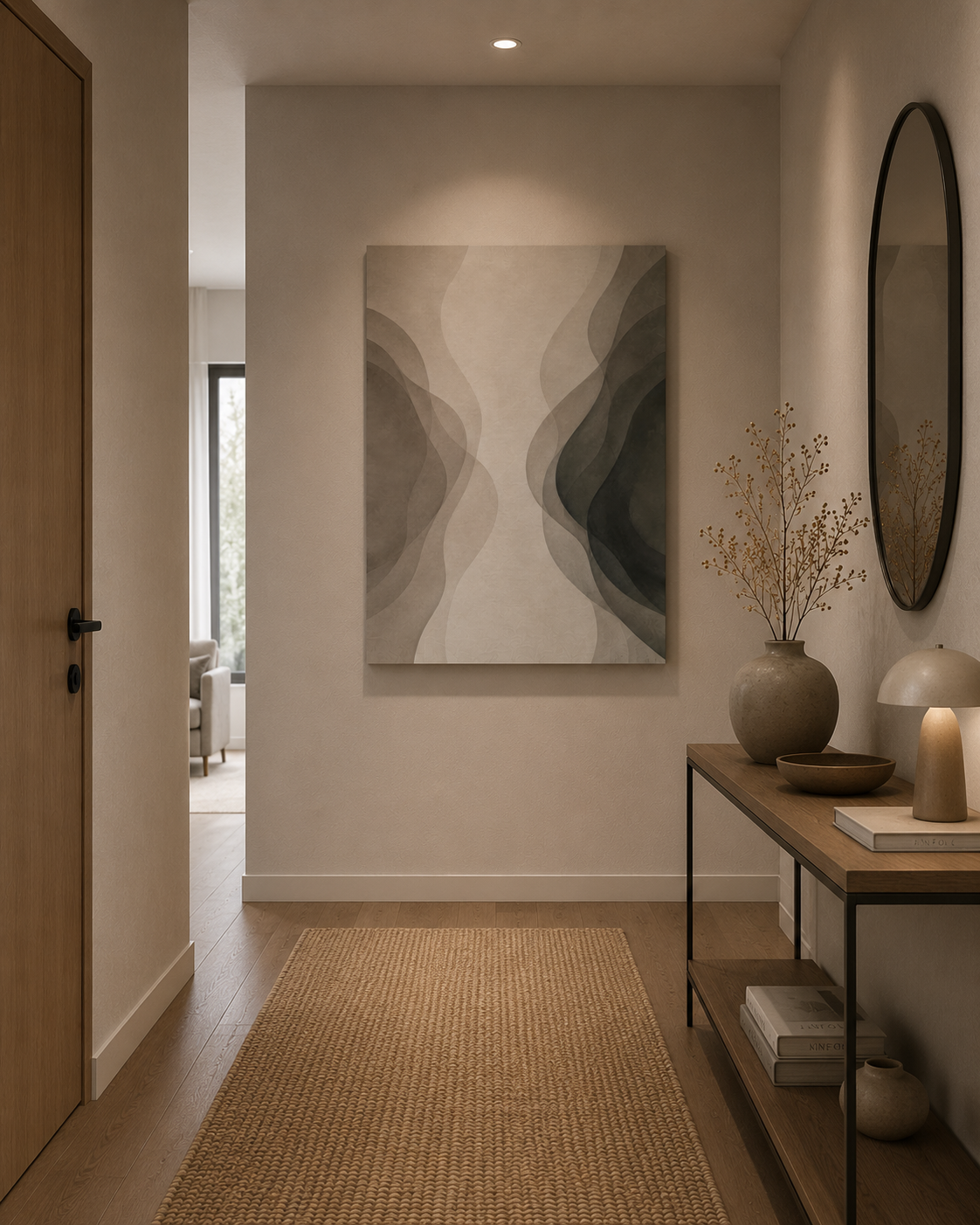Close-up detail of premium gallery-wrapped canvas corner with hanging hardware and 4 cm depth.