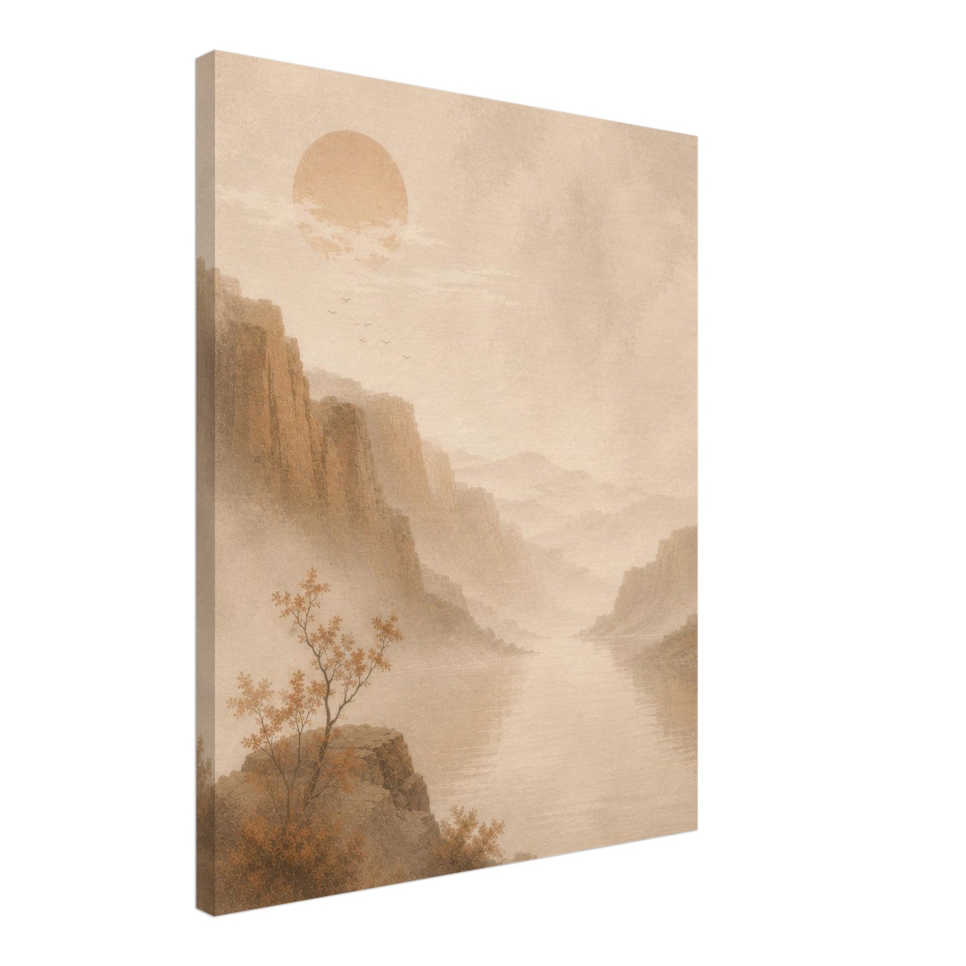 Side view of a gallery-wrapped landscape canvas showing the premium edge finish.